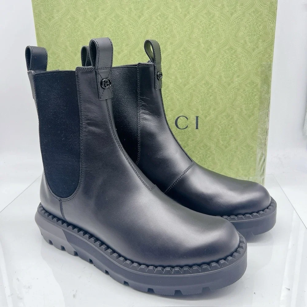 Gucci Chelsea Leather Interlocking GG Ankle Boots Black Men's UK 10.5 US 11
